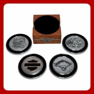 Harley-Davidson 100th Anniversary Coaster Set 4 Chrome Rubber Wood Holder 2003